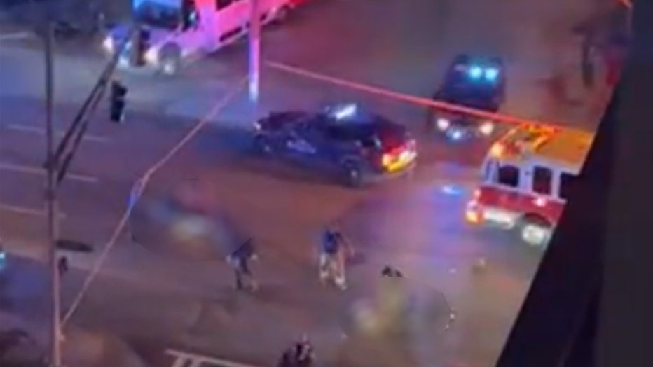 This image, which has been blur so as not to show any potential victims, appears to show a crime scene at the intersection of West Peachtree Street and 16th Street in Midtown Atlanta on Oct. 25, 2022.