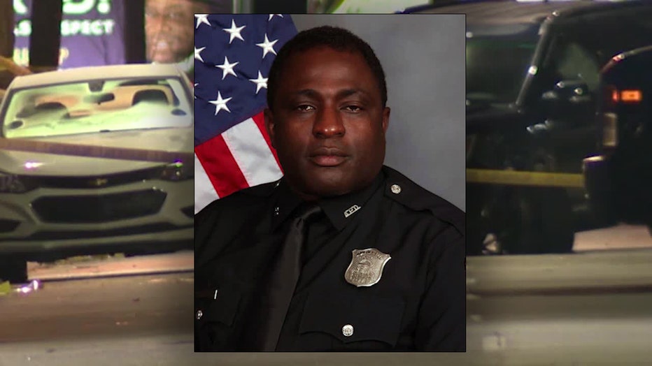 A photo of Officer Oliver Simmonds (foreground) against an image from the scene of an officer-involved shooting on Jan. 15, 2019(background).