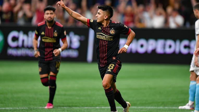 ATLANTA, GA MAY 15: Atlanta midfielder Thiago Almada (8) reacts after scoring a first-half goal during the MLS match between the New England Revolution and Atlanta United FC on May 15th, 2022 at Mercedes-Benz Stadium in Atlanta, GA. (Photo by Rich von Biberstein/Icon Sportswire via Getty Images)