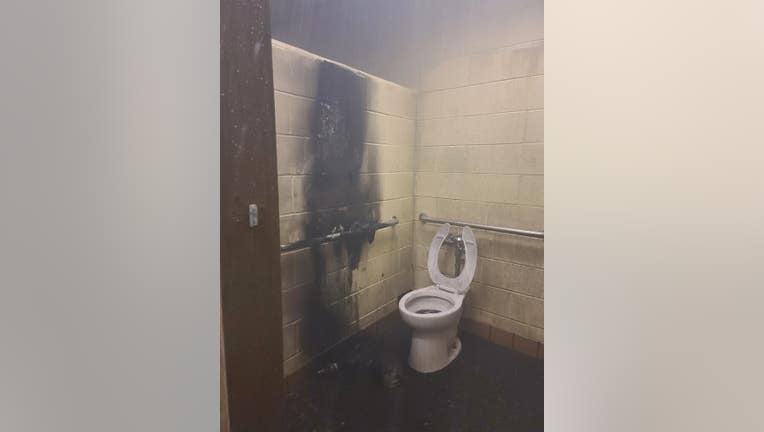 A burned bathroom stall at Cedar Shoals High School on Nov. 16, 2022.