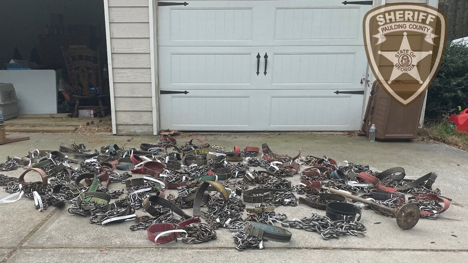 The Paulding County Sheriff’s Office released this photo showing the dog collars take off of rescued dogs during a dog-fighting bust on Nov. 8, 2022.