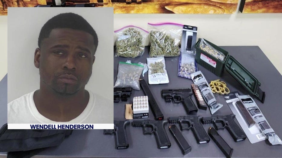 Wendell Henderson, foreground, and items seized during a search warrant of his home by Peachtree City Police, background.