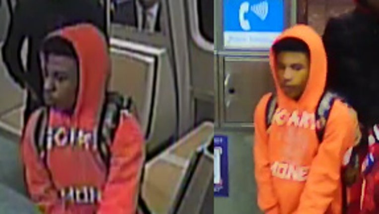 Police shared an image of what appeared to be a young boy on a MARTA train, captured on security video. In the image, the boy was wearing an orange hoodie, jeans, orange shoes and a backpack. 