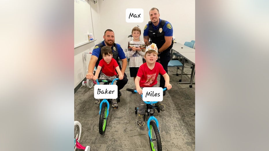 Flowery Branch Police Department officers gifted bikes for two children involved in a car crash.