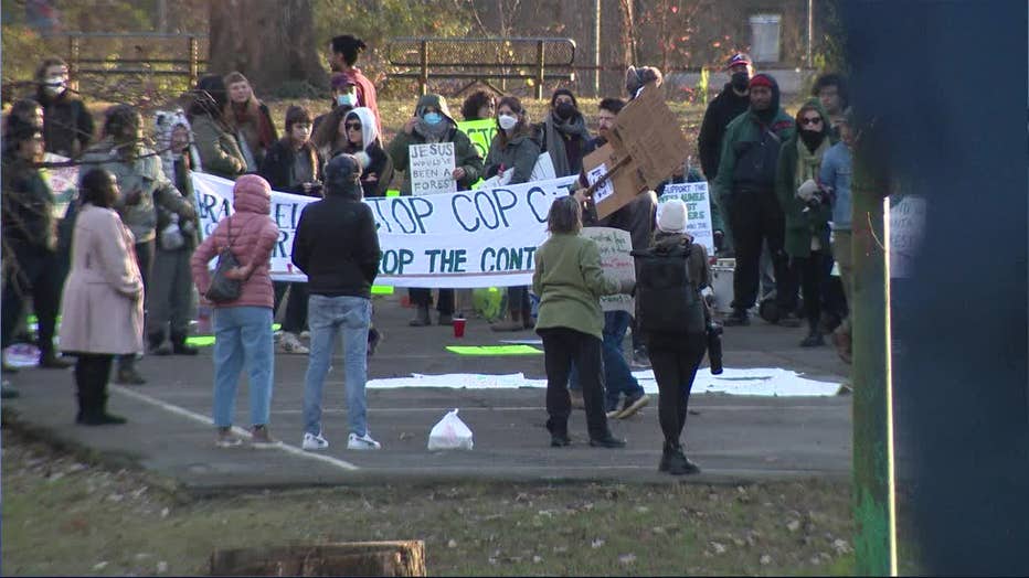 Protestors with the 'Stop Cop City' movement demonstrate at Brownwood Park.