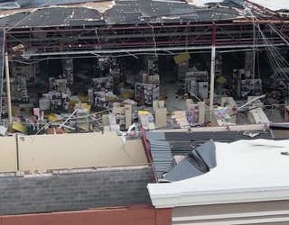 SKYFOX Drone flies over the Hobby Lobby in Griffin after a tornado tore through the area on Jan. 12, 2023.