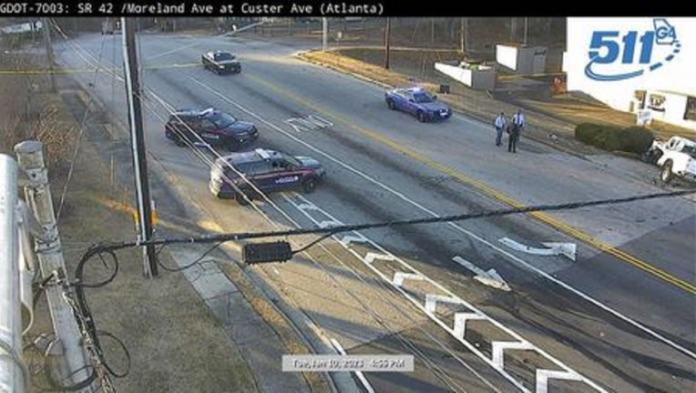 An image on the GDOT live traffic website shows the end of a chase and fiery crash at the intersection of Custer and Moreland avenues in southeast Atlanta on Jan. 10, 2023