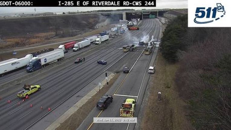 Crews respond to a vehicle fire on Interstate 285 near Riverdale Road.