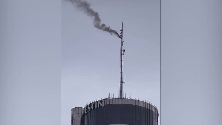 A small fire broke out on the tower on top of the Westin Peachtree Plaza Hotel in Downtown Atlanta on Jan. 2, 2023.