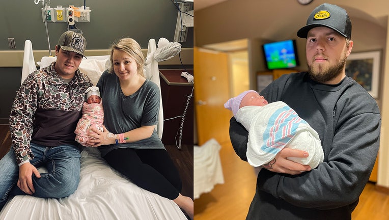 At left, Kaci Fowler and Cam Cobb with their daughter Kaylor Layne. Right, Tyler Tate with son Aiden.