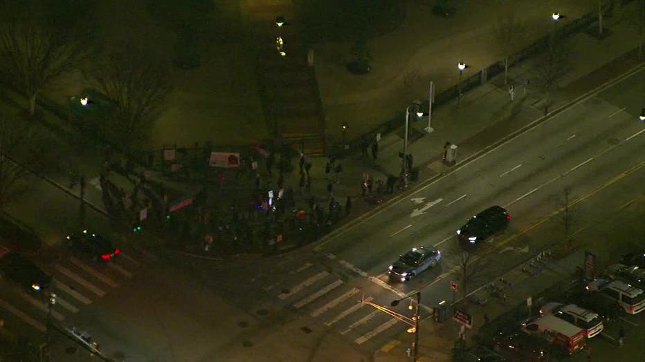 Protesters gather peacefully in Downtown Atlanta after the Memphis Police Department released footage of Tyre Nichols' traffic stop on Jan. 27. 2023.
