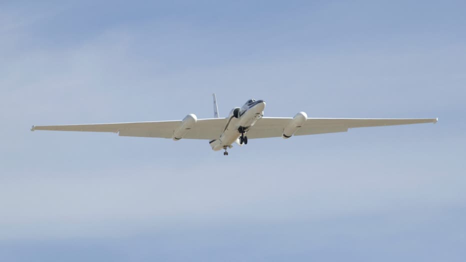 One of NASA's two ER-2 Earth resources aircraft shows off its lines during a flyover at Edward Air Force Base on Oct. 28, 2006.