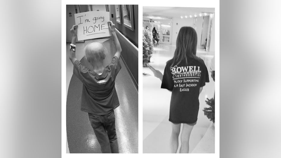 In side-by-side photos, a young girl in pajamas, her head nearly bald, holds us a sign that reads "I'm going home." Next to her is an image of the same girl walking the halls with long hair, after completing her cancer treatment.