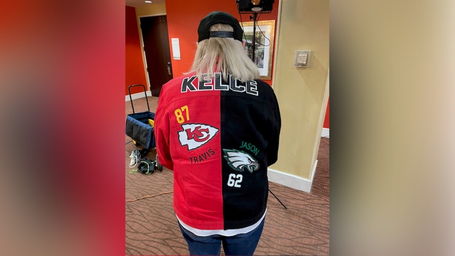 Super Bowl 2023 Mama Kelce's Split EaglesChiefs Jacket Designed By