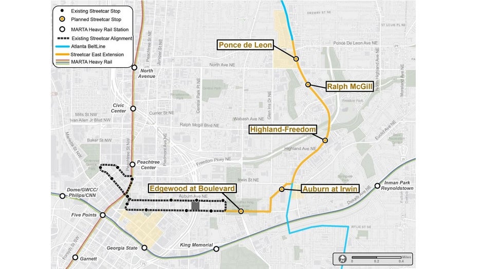 This shows the current route and proposed route of the Atlanta Streetcar.