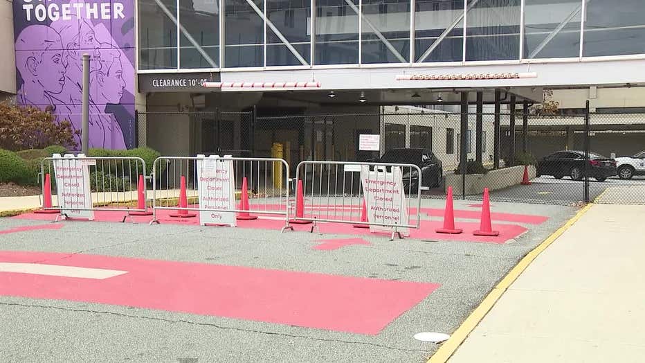 Barricades block the former entrance to the now closed Atlanta Medical Center on March 8, 2023.