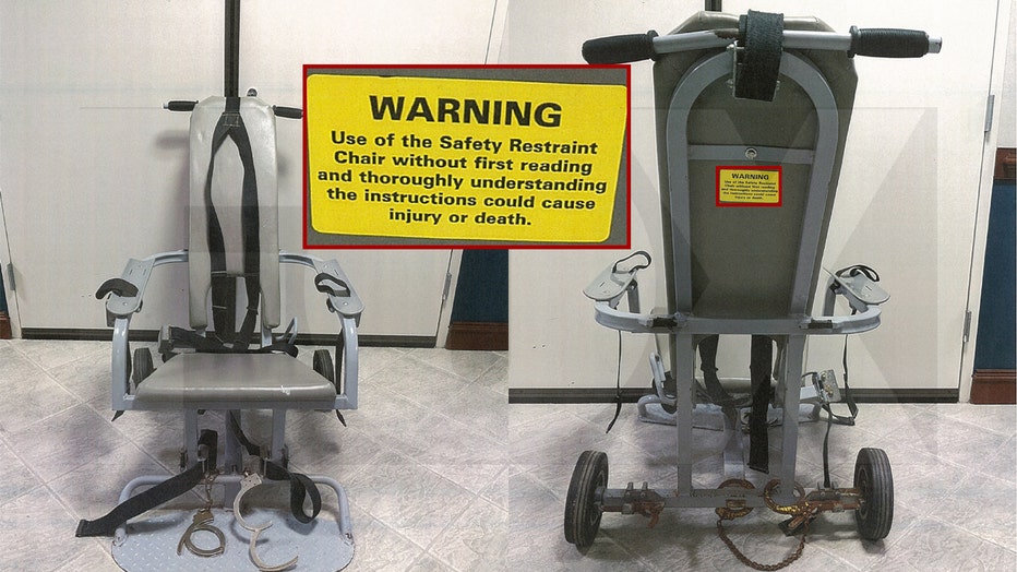 These images show the restraint chair used at the Clayton County Jail and a close-up of the warning label on the back. This is just some of the visual evidence obtained by FOX 5 from the federal trial of former Victor Hill.
