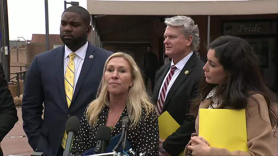 Rep. Marjorie Taylor Green, R-Georgia’s 14th Congressional District, and two House Democrats hold a press conference after touring the D.C. jail where capitol riot defendants are being held on March 24, 2023.