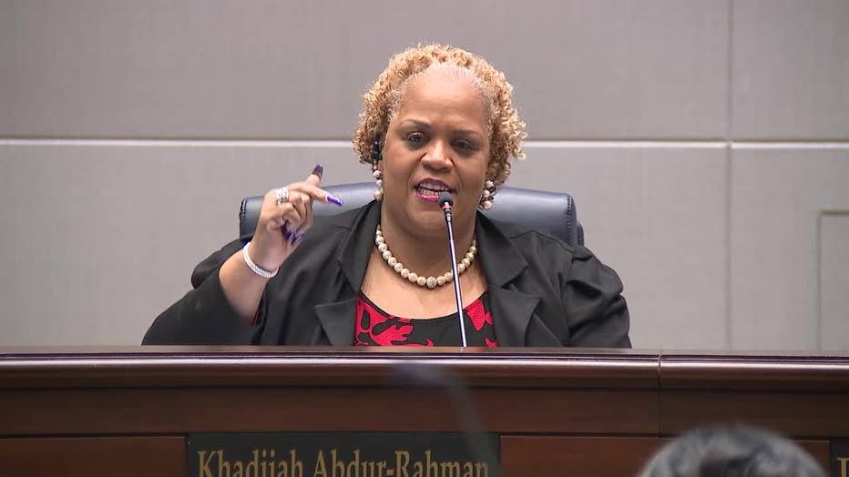 Fulton County Commissioner Khadijah Abdur- Rahman discusses Wellstar's hospital closure during a meeting on March 15, 2023.