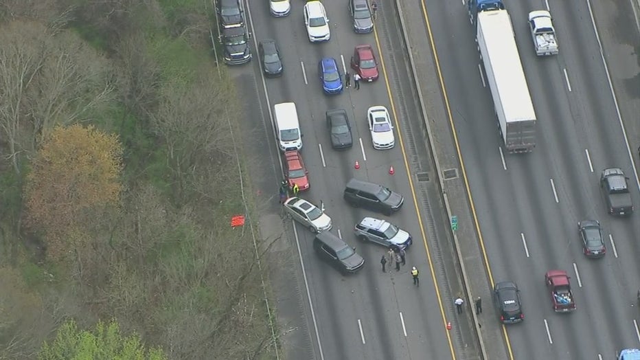 SKYFOX 5 over scene of a police chase that ended in a crash on I-20 West (FOX 5 Atlanta).