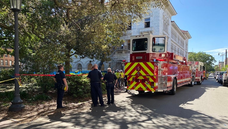 Savannah firefighters respond to the Tomochichi Federal Building in historic downtown Savannah after a portion of the roof collapses on April 11, 2023.