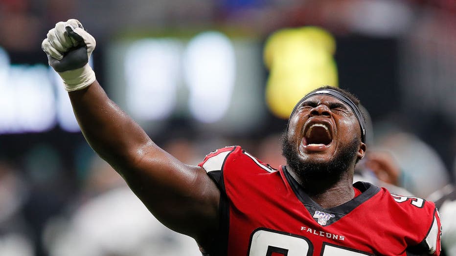 Atlanta Falcons defensive lineman Grady Jarrett #97 reacts during