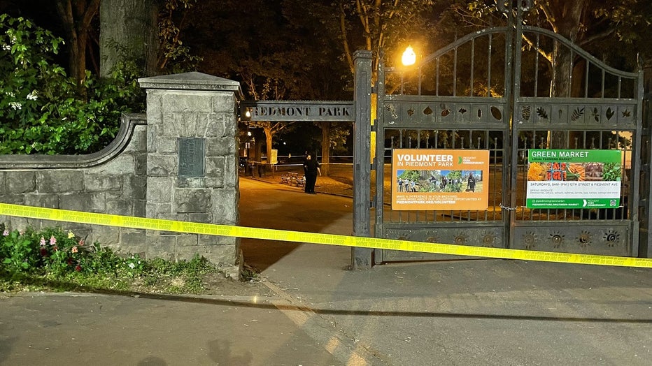 Crime scene tape surrounds the scene of a shooting inside Piedmont Park on April 25, 2023.