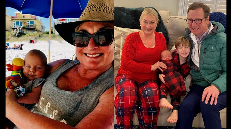 Two photos show a woman holding her grandchild at the beach and the woman and her husband sitting on a couch with a young child between them.