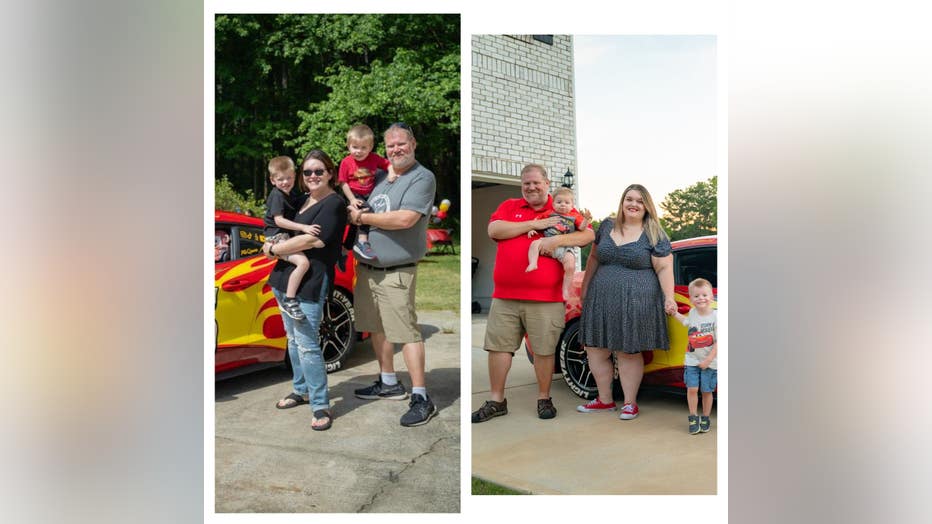 A couple poses with their two young boys in photos take after and before Felicia Zorn's 150 pound weight loss.