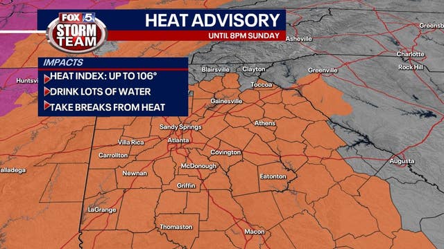 Heat Advisory in effect until 8 p.m. Sunday for North Georgia before cooler temps, rain return