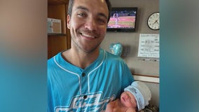 New dad, Atlanta Braves super fan wins race against The Freeze at Braves game