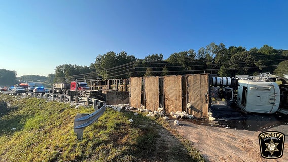 Overturned truck spills chickens across Hall County highway
