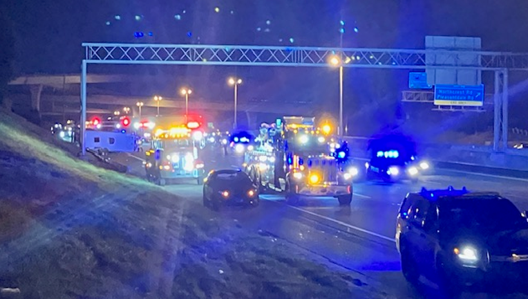 A bus overturns along I-85 SB just south of I-285 on Sept. 21, 2023.