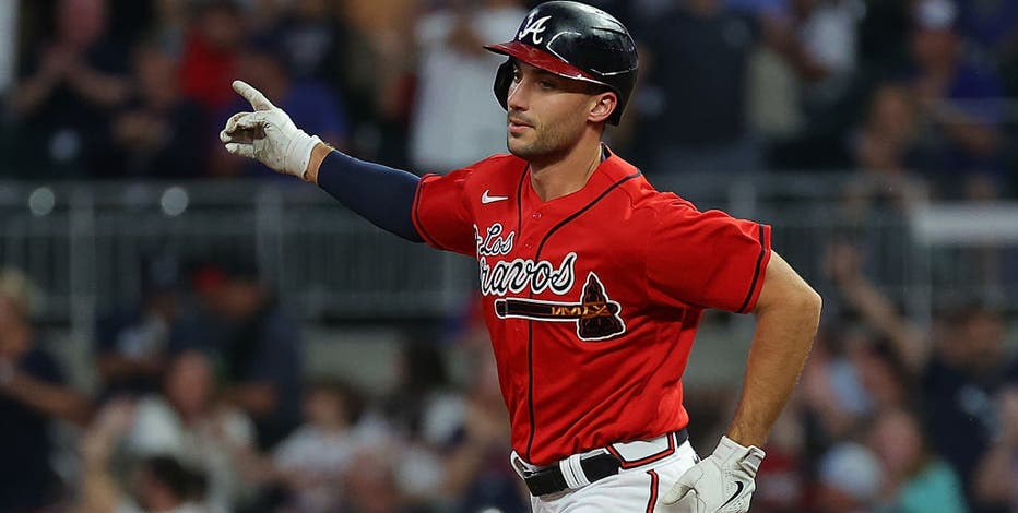 Matt Olson of the Atlanta Braves rounds first base after hitting a News  Photo - Getty Images