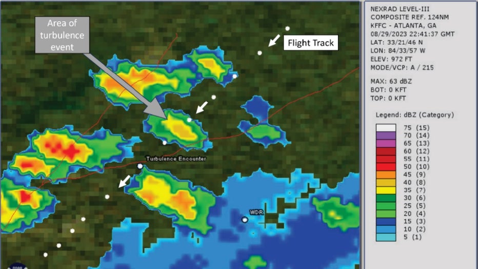 The NTSB released this rendering showing the flight of Delta flight 175 path through a storm using NWS radar images on Aug. 29, 2023. 