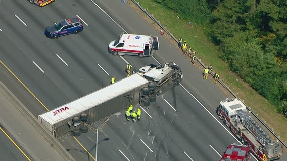 I-75NB blocked near SR 120 in Cobb County by overturned tractor-trailer