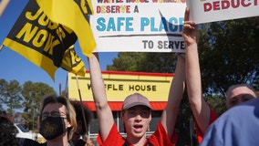 Waffle House workers rally at corporate office in Norcross, demanding $25 per hour, security at night