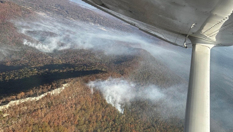 This aerial view shows the Highway 157 wildfire in Walker County which has surpassed 700 acres as of Nov. 6, 2023.