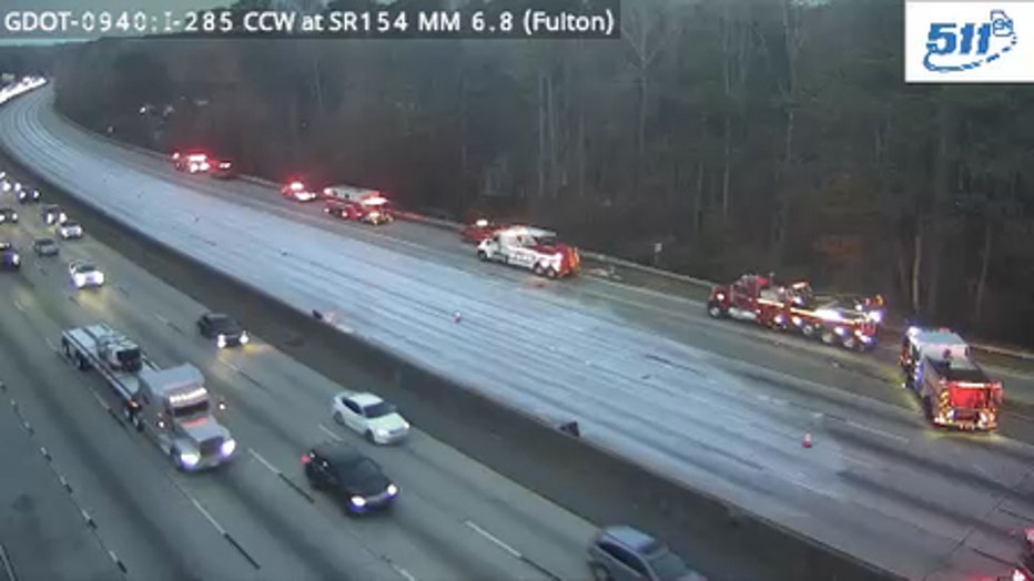 This is GDOT image shows some sort of substance on I-285 northbound at Langford Parkway in Atlanta on Dec. 7, 2023.