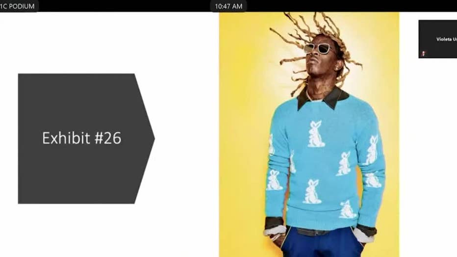 A photo Young Thug in a GQ magazine photo was introduced as evidence in the YSL trial in Fulton County by defense attorney Brian Steele on Jan. 11, 2024.