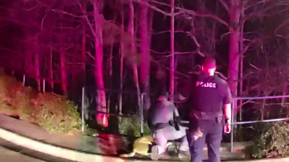 A K-9 officer was sent into the woods to flesh out a man with an outstanding warrant who ran from Peachtree City police on Feb. 14, 2024.