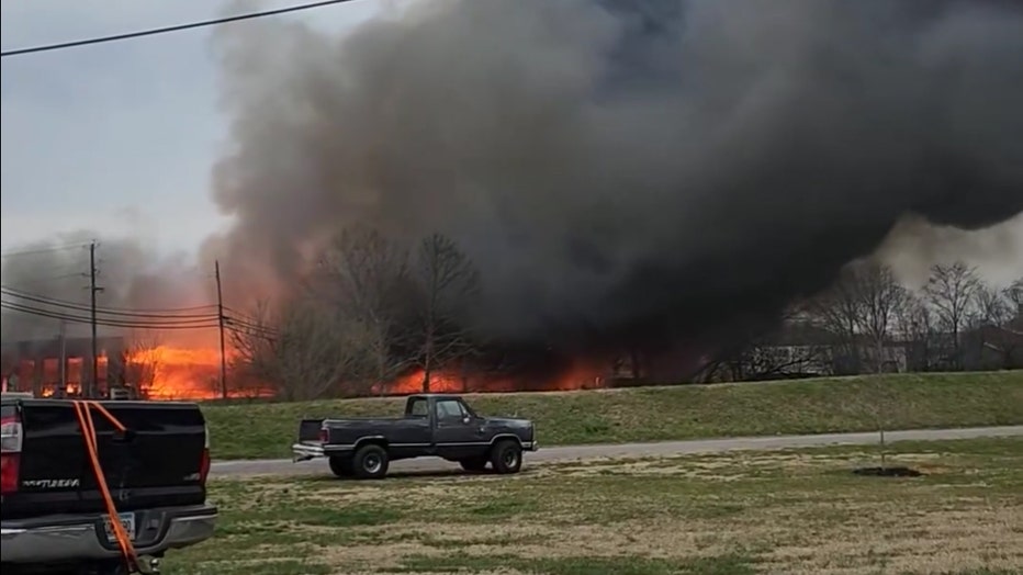 The old Jockey plant along West Avenue in Cedartown erupts in flames on Feb. 27, 2024.