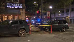 Early morning Midtown Atlanta crash damages restaurant, injures pedestrian