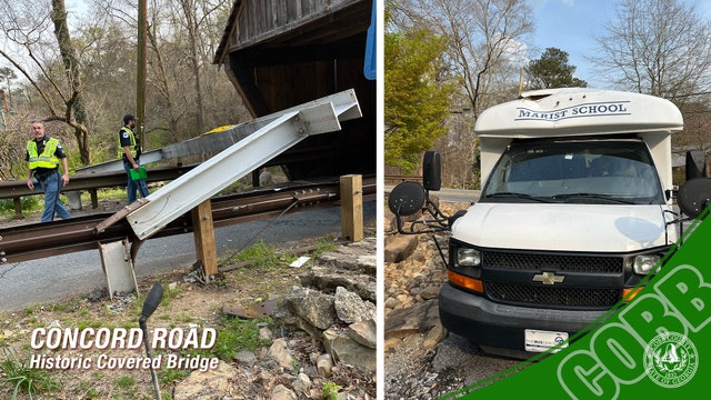 Small bus bonks beam on Cobb County's historic covered bridge