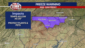 Freeze Warning for extreme north Georgia; cold elsewhere overnight