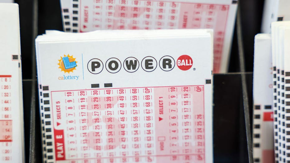 FILE - Powerball play tickets on display at Blue Bird Liquor in Hawthorne, CA, on Oct. 10, 2023. (Jay L. Clendenin / Los Angeles Times via Getty Images)
