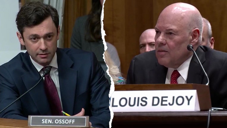 Sen. Jon Ossoff grills Postmaster General Louis DeJoy during a Senate Homeland Security and Governmental Affairs Committee hearing on April 16, 2024.