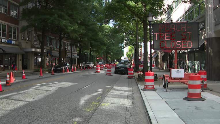 Peachtree Street between 5th and 6th streets will be closed to traffic starting May 29, 2024, through the weekend. 