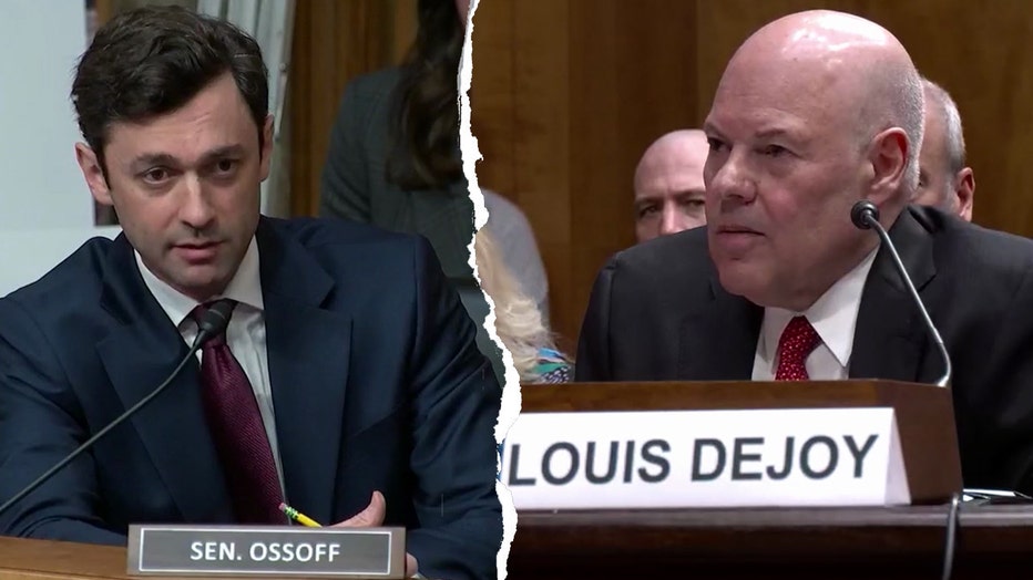 Sen. Jon Ossoff grills Postmaster General Louis DeJoy during a Senate Homeland Security and Governmental Affairs Committee hearing on April 16, 2024.