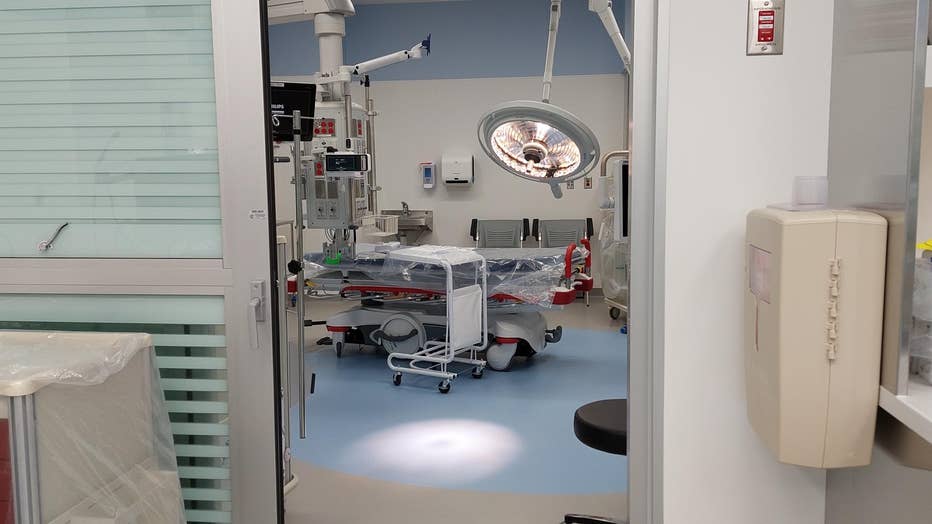 The view through the door into a large trauma treatment room.